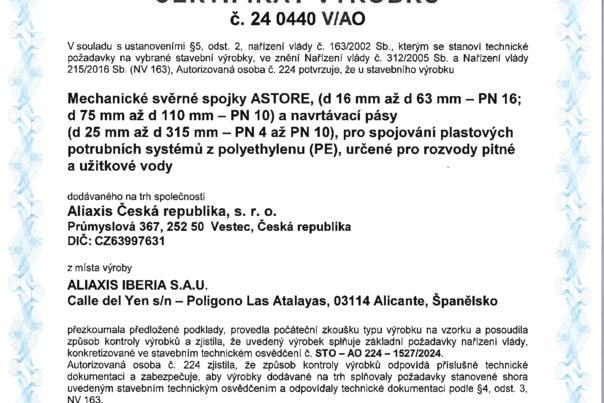 ASTORE - CERTIFIKÁT VÝROBKU č. 24 0440 VIAO